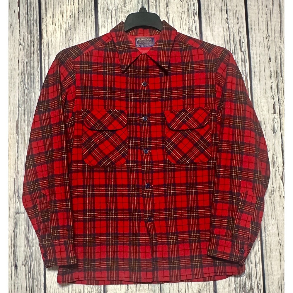 Vintage Pendleton Board Shirt Men's Medium Button Up Red Plaid Wool Loop Collar